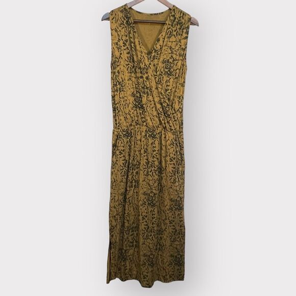 Garnet Hill Maxi Dress Women M Gold Boho Snakeskin Print Sleeveless Pockets P22 - Picture 1 of 15